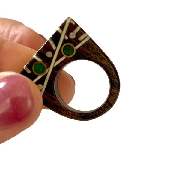 One of a Kind Hand crafted Wood Ring, Green/White Inlays - Picture 1 of 8